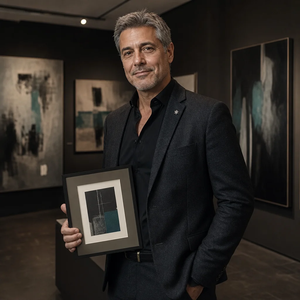 Collector displaying a framed landscape photograph