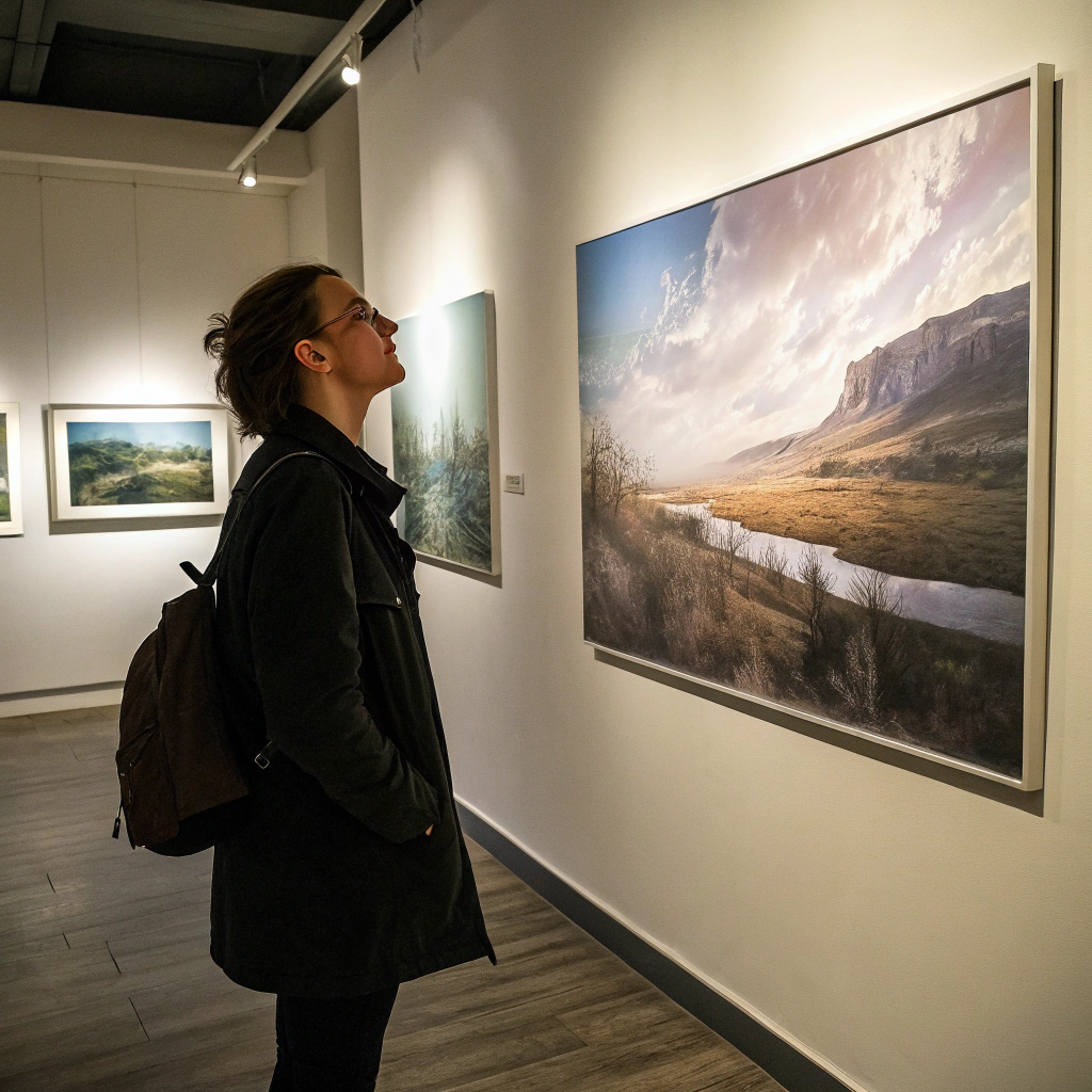 Curator examining a fine-art landscape print