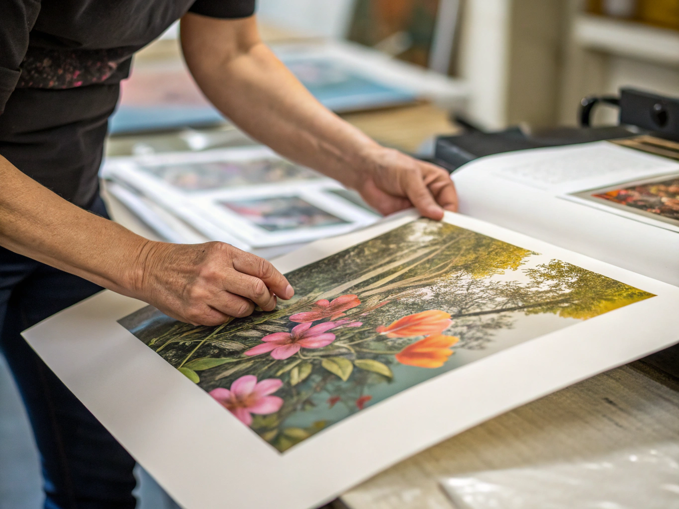 Fine art print being inspected in a professional studio