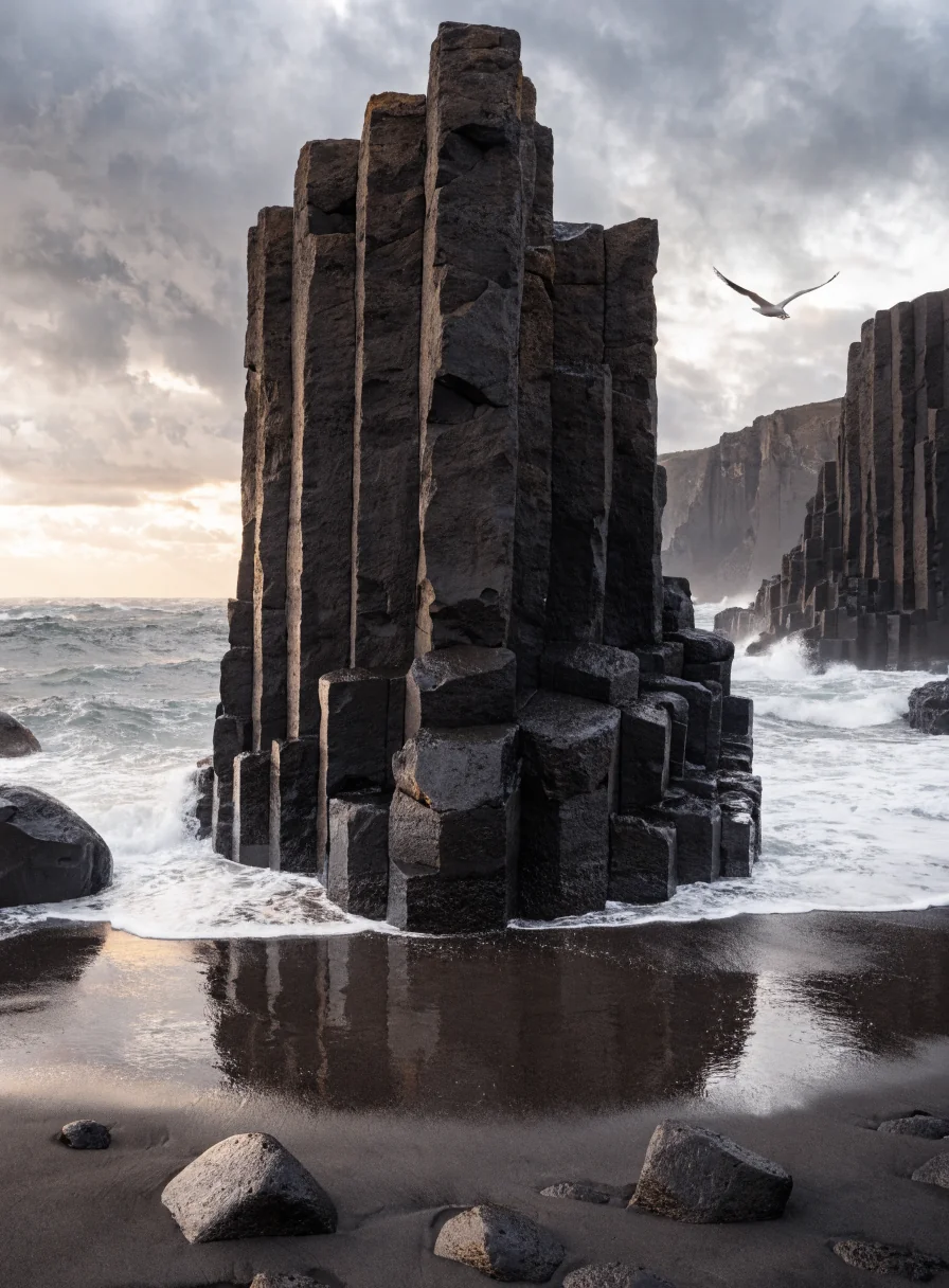Black volcanic basalt columns rising from icy Icelandic shore