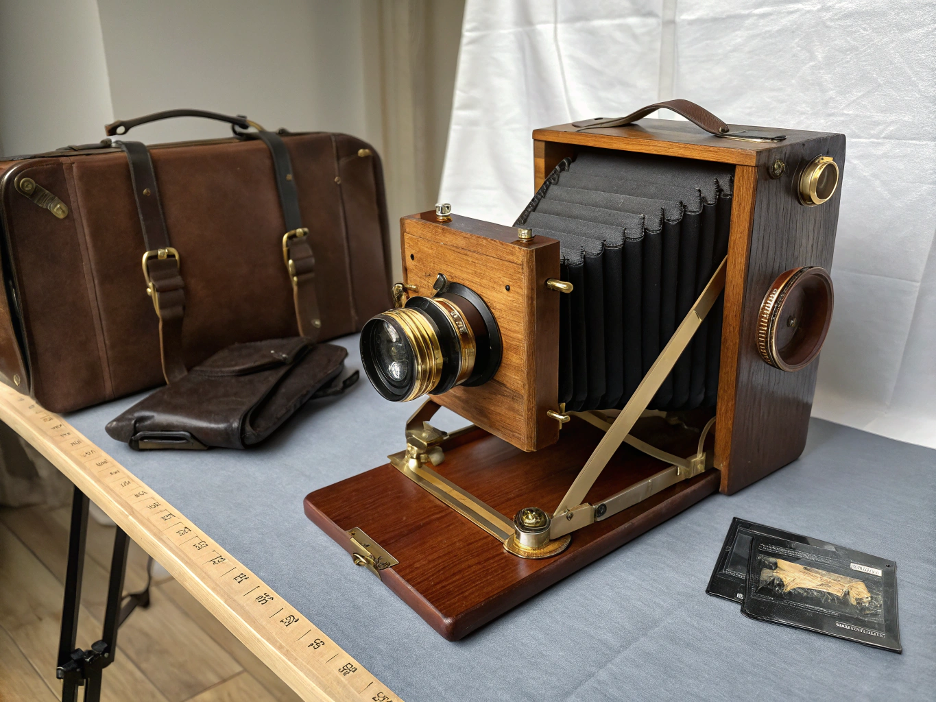 Large format camera set up on a tripod overlooking a glacier