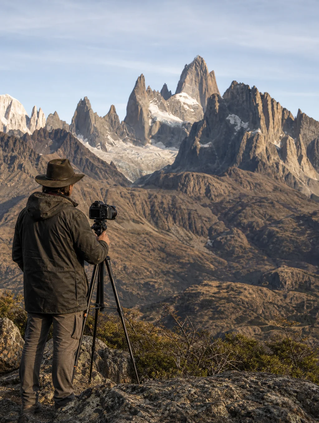 Landscape photographer on location amidst remote glacier peaks