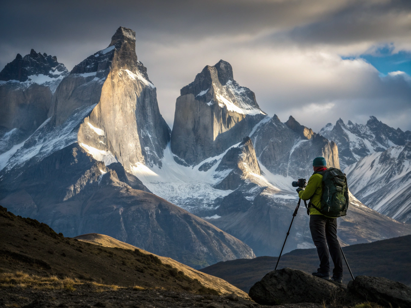 Photographer trekking through a vast Patagonian mountain pass
