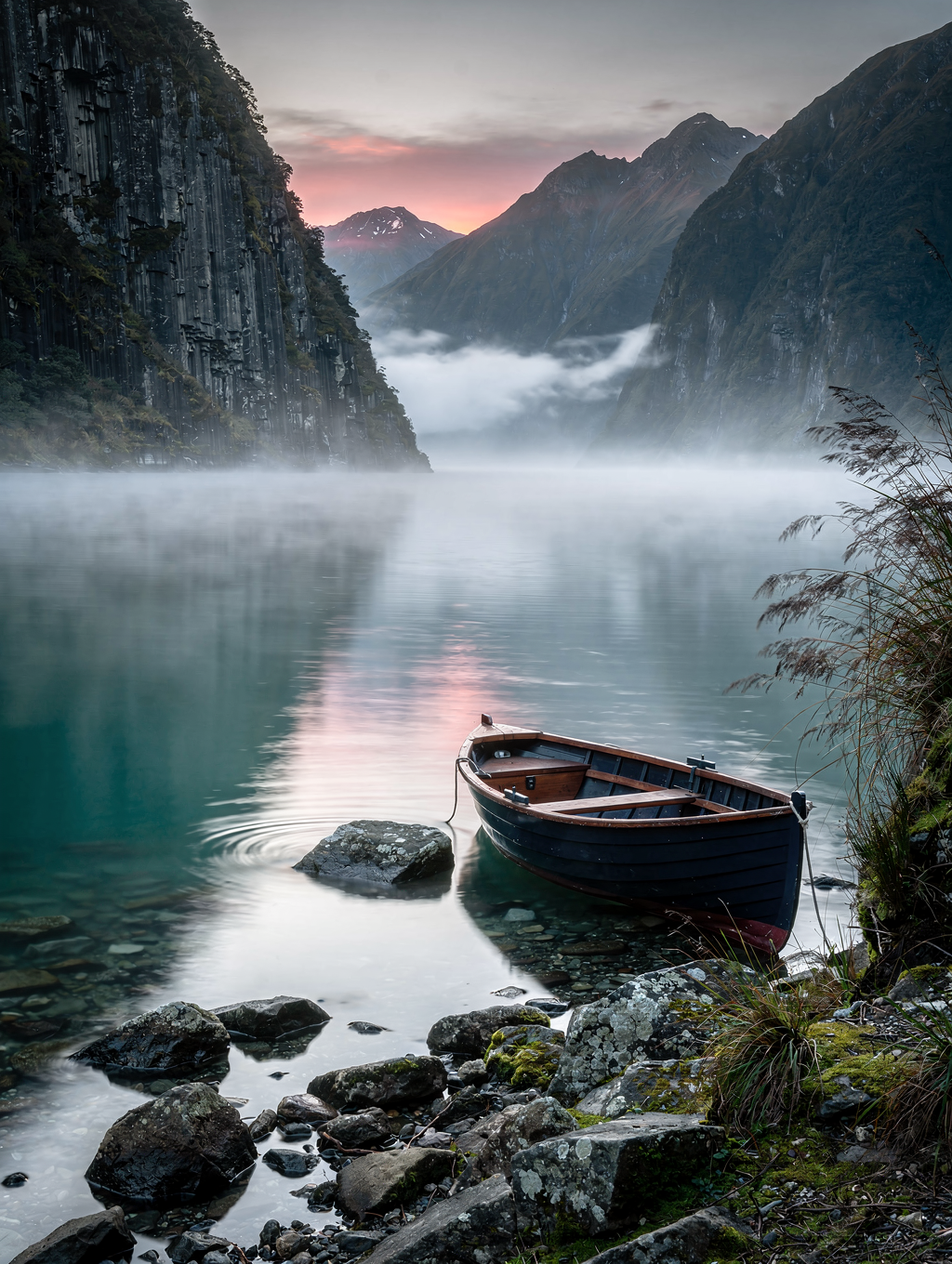 Mist over alpine peaks and reflective fjords in New Zealand