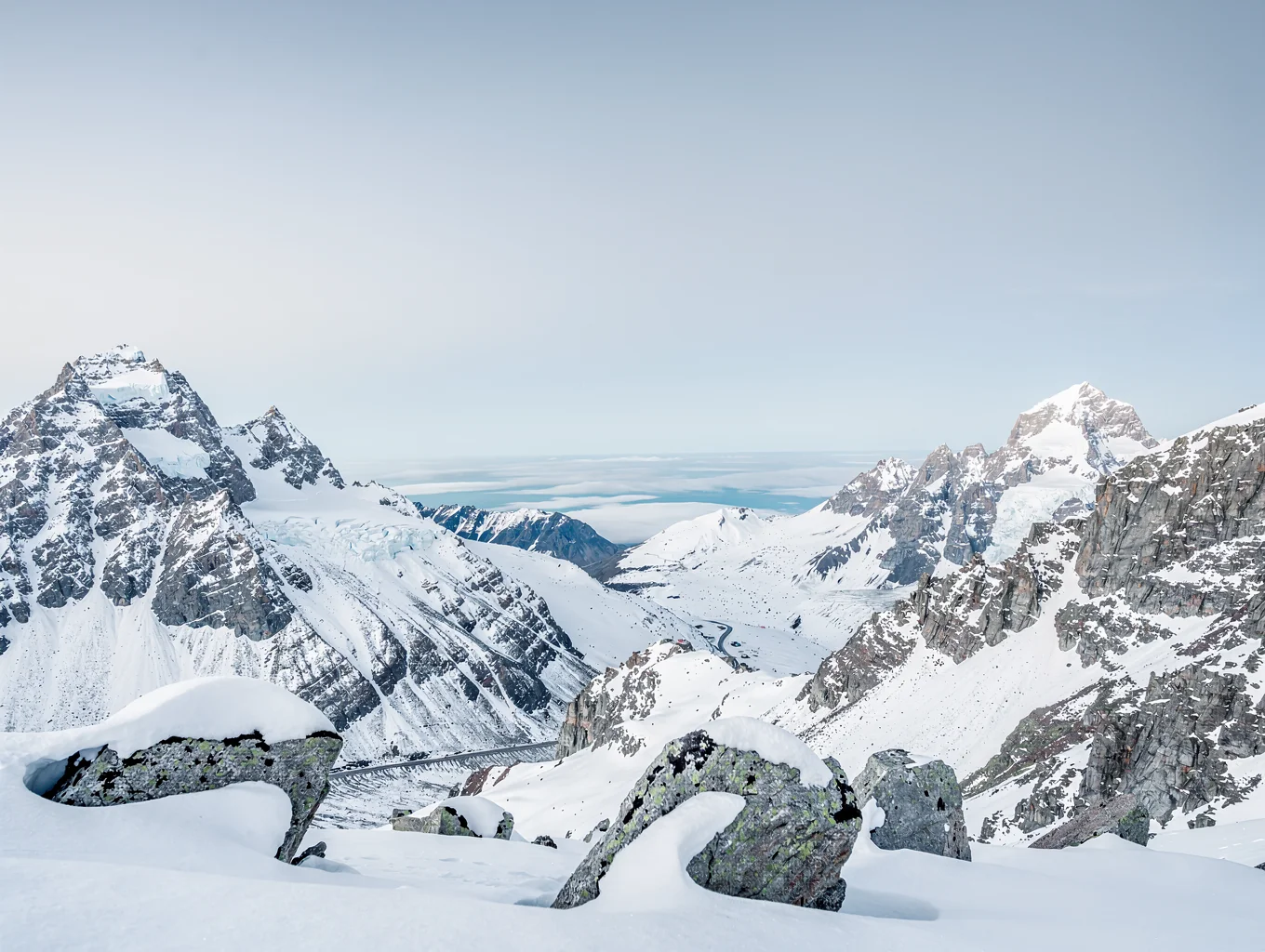 Panoramic view of snow-capped Southern Alps in New Zealand