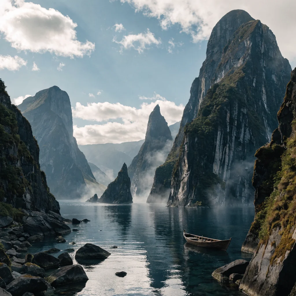 Misty morning light over the deep waters of Milford Sound