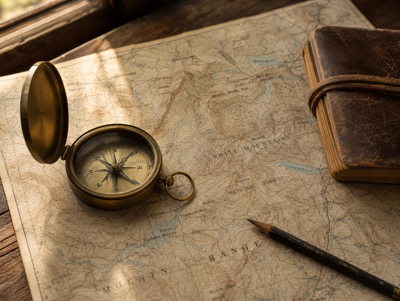 Topographic map and compass on a rugged stone surface